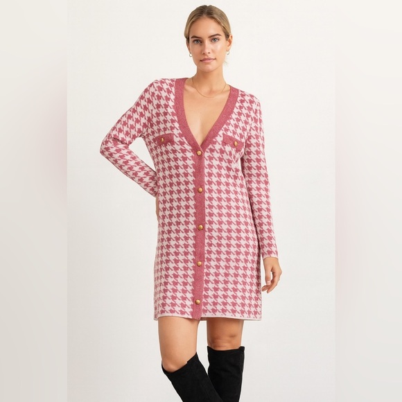 FIGARO Pink White Houndstooth Cardigan Dress Size 3 Long Sleeve Made in Greece - Picture 1 of 14